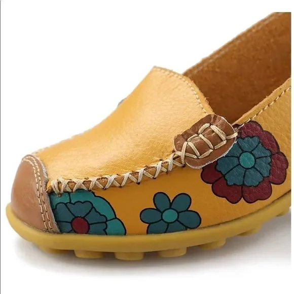 WOMEN’S Comfortable Leather Floral Print Loafers - Picture 5 of 6